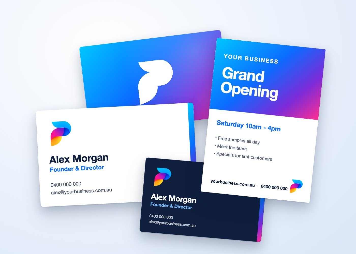 PrintMira business cards and flyer (illustrative mockup)